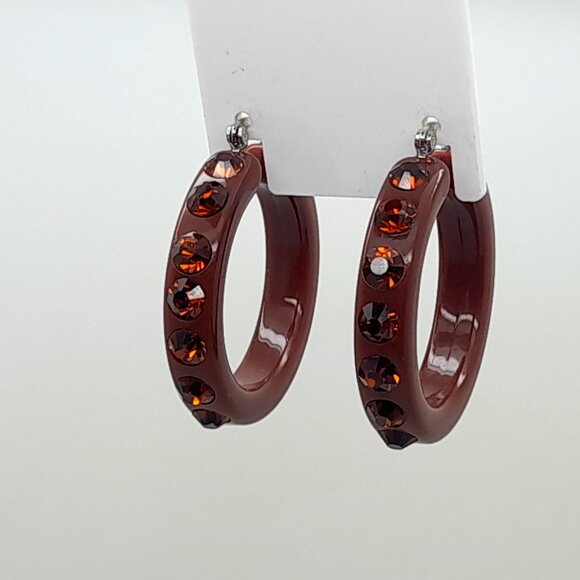 SMOKED TOPAZ RHINESTONE LADIES/WOMEN FASHION 1.5 INCH PLASTIC HOOP EARRINGS #2 - Picture 1 of 3